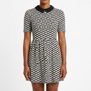 Sweet Rain Geometric Print Dress Black White Peter Pan Collar Fit & Flare Small